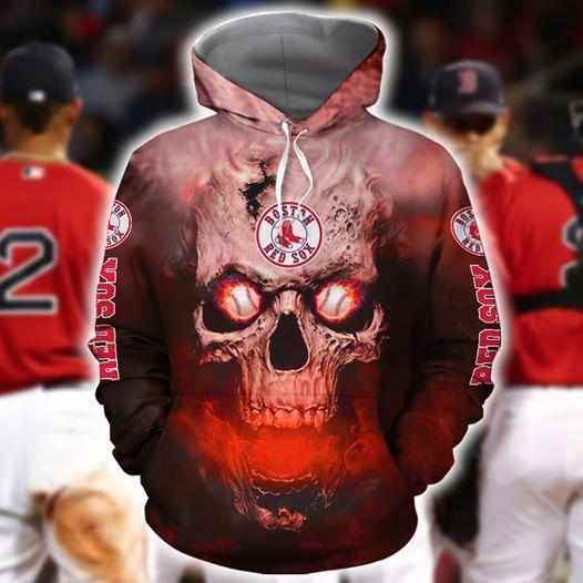 Boston Red Sox Skull On Fire Hoodie 3d