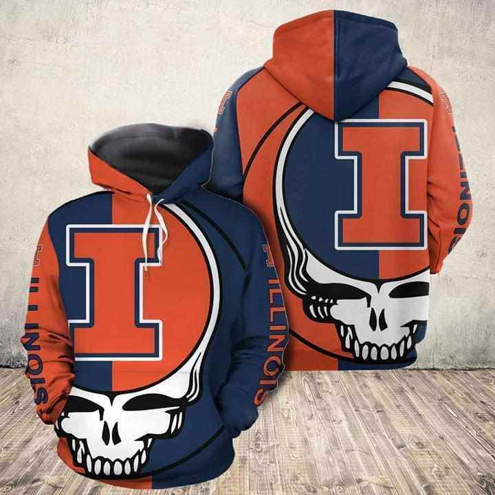 Grateful Dead Skull Illinois Fighting Illini Hoodie 3d