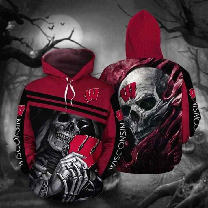 Skull Wisconsin Badgers Hoodie 3d